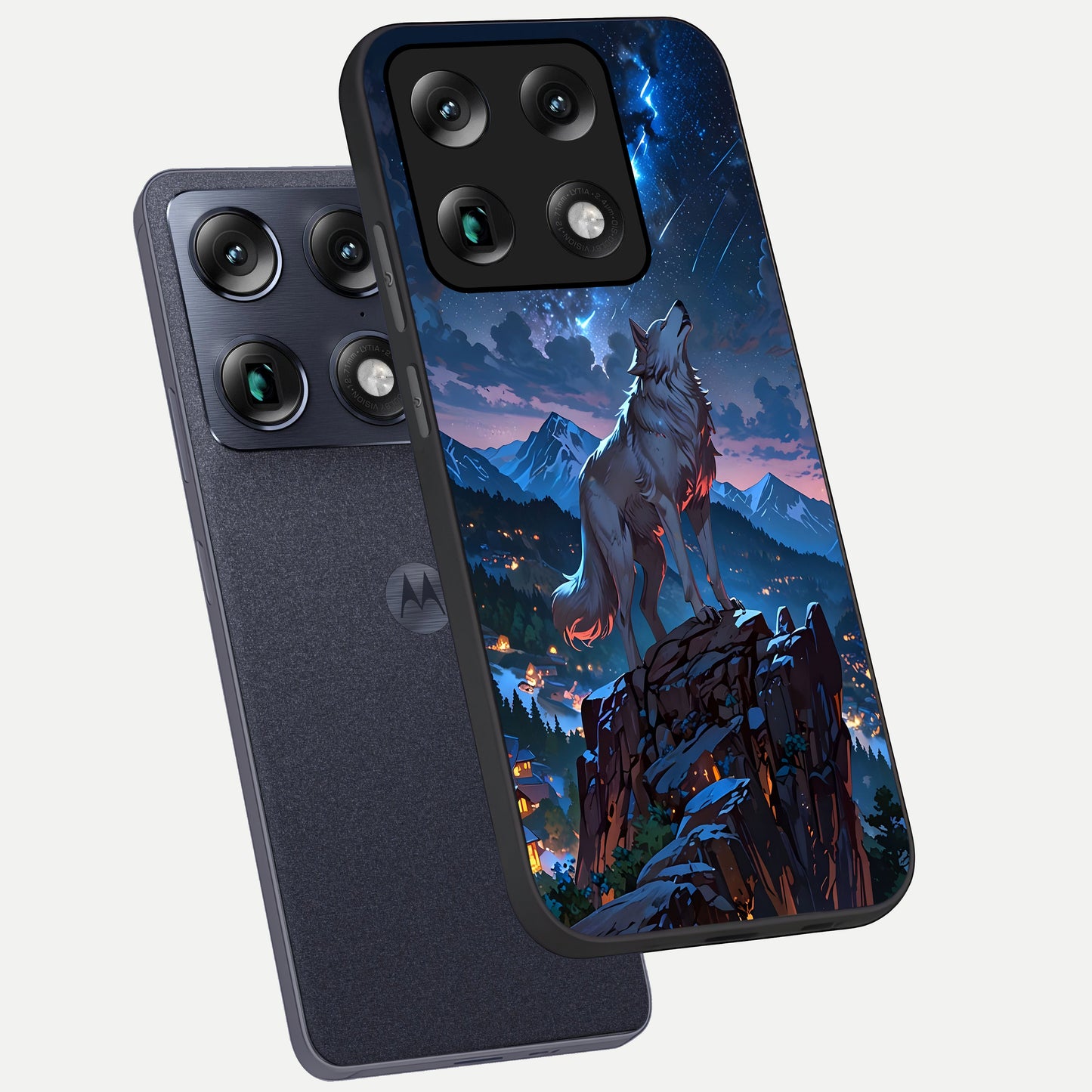  Celestial Wolf Howl phone case For Moto Signature showing premium glass back cover with detailed artwork