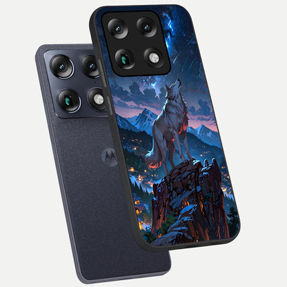  Celestial Wolf Howl phone case For Moto Signature showing premium glass back cover with detailed artwork