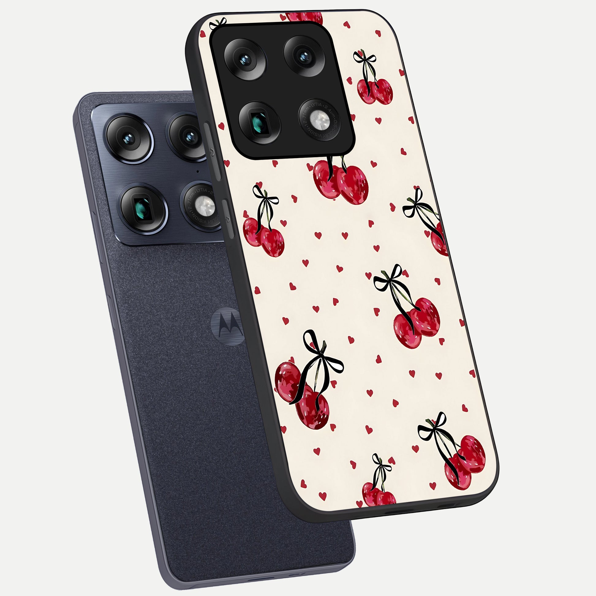  Cherry Heart Bow phone case For Moto Signature showing premium glass back cover with detailed artwork