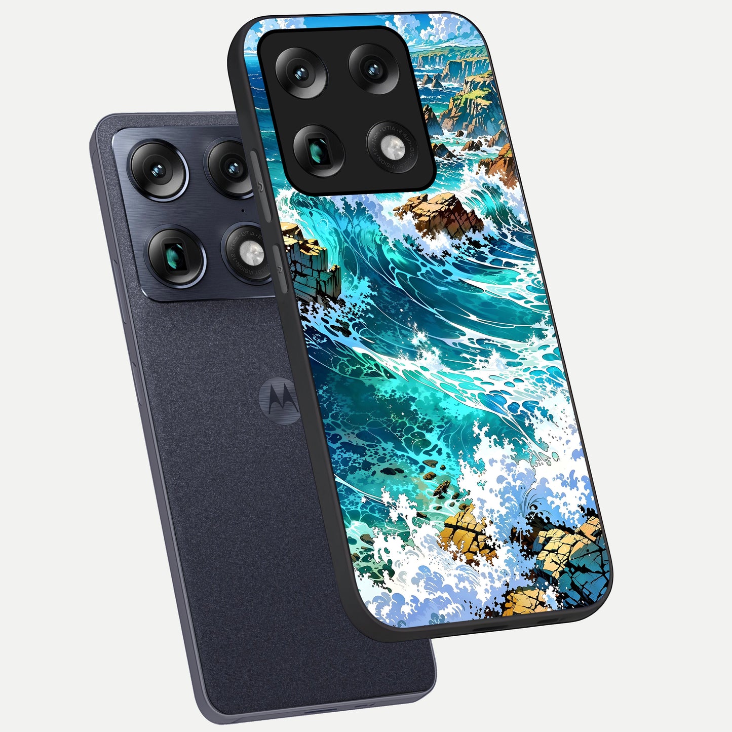  Coastal Blue Waves phone case For Moto Signature showing premium glass back cover with detailed artwork