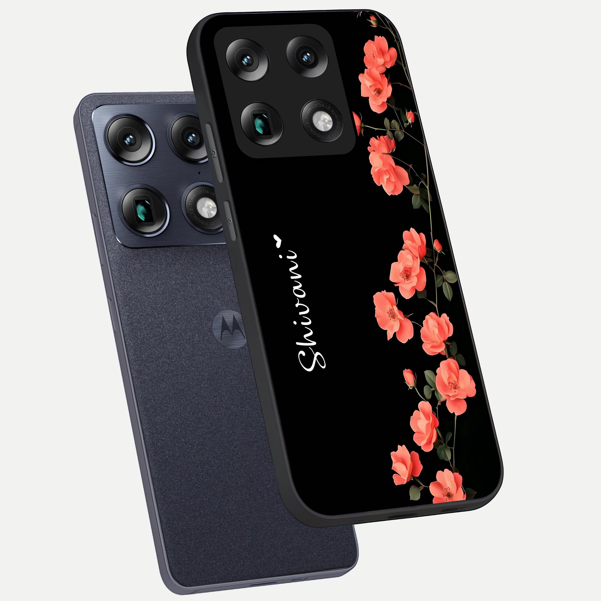  Crimson Bloom Grace Custom Name phone case For Moto Signature showing premium glass back cover with detailed artwork