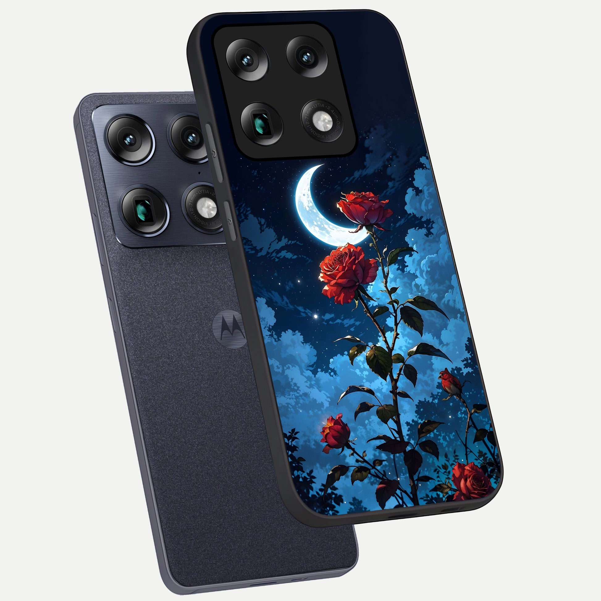  Crimson Rose Moon phone case For Moto Signature showing premium glass back cover with detailed artwork