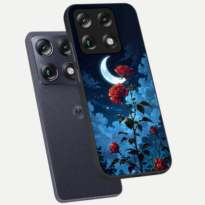  Crimson Rose Moon phone case For Moto Signature showing premium glass back cover with detailed artwork