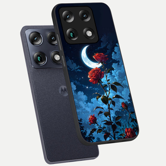  Crimson Rose Moon phone case For Moto Signature showing premium glass back cover with detailed artwork