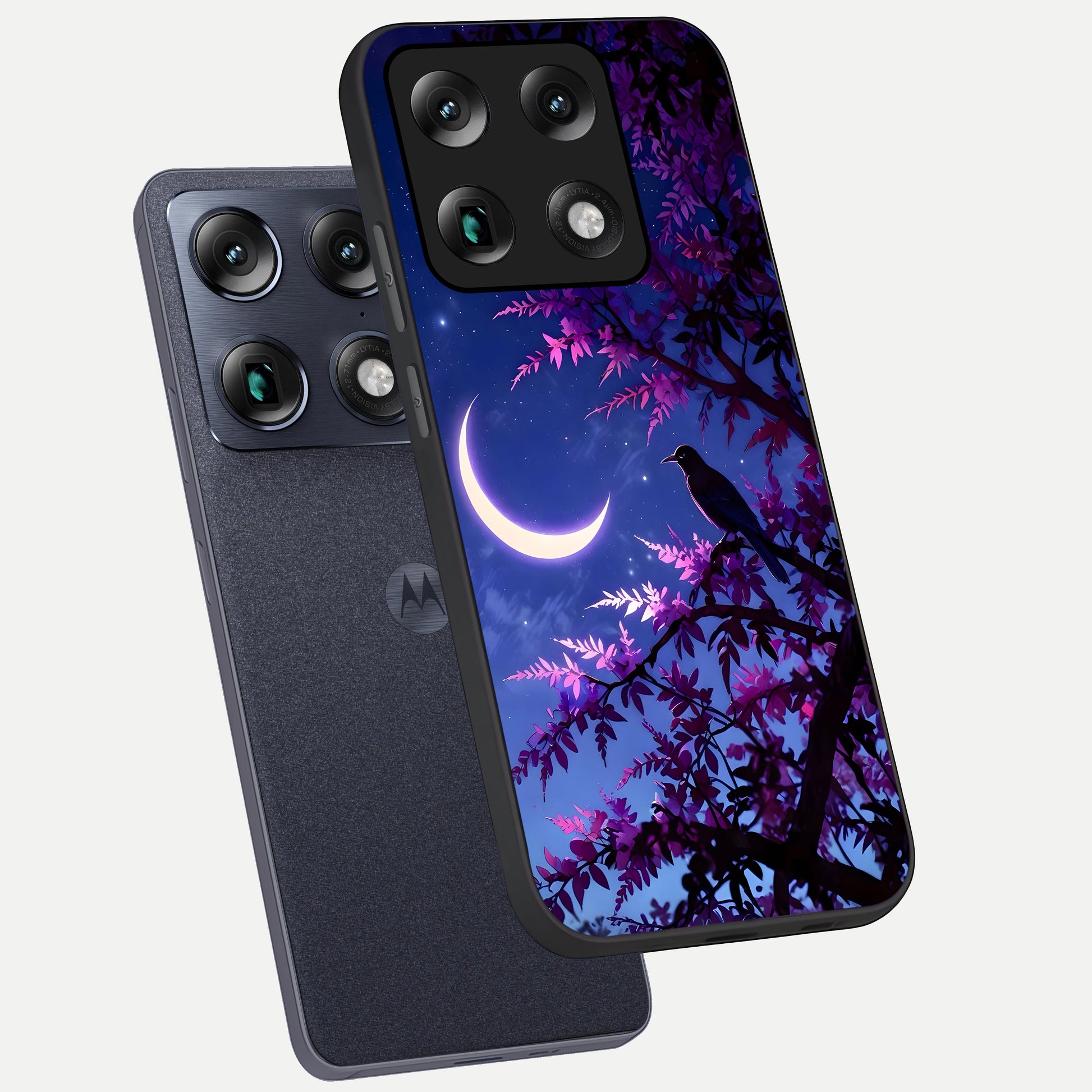  Crow And Moon Scenery phone case For Moto Signature showing premium glass back cover with detailed artwork