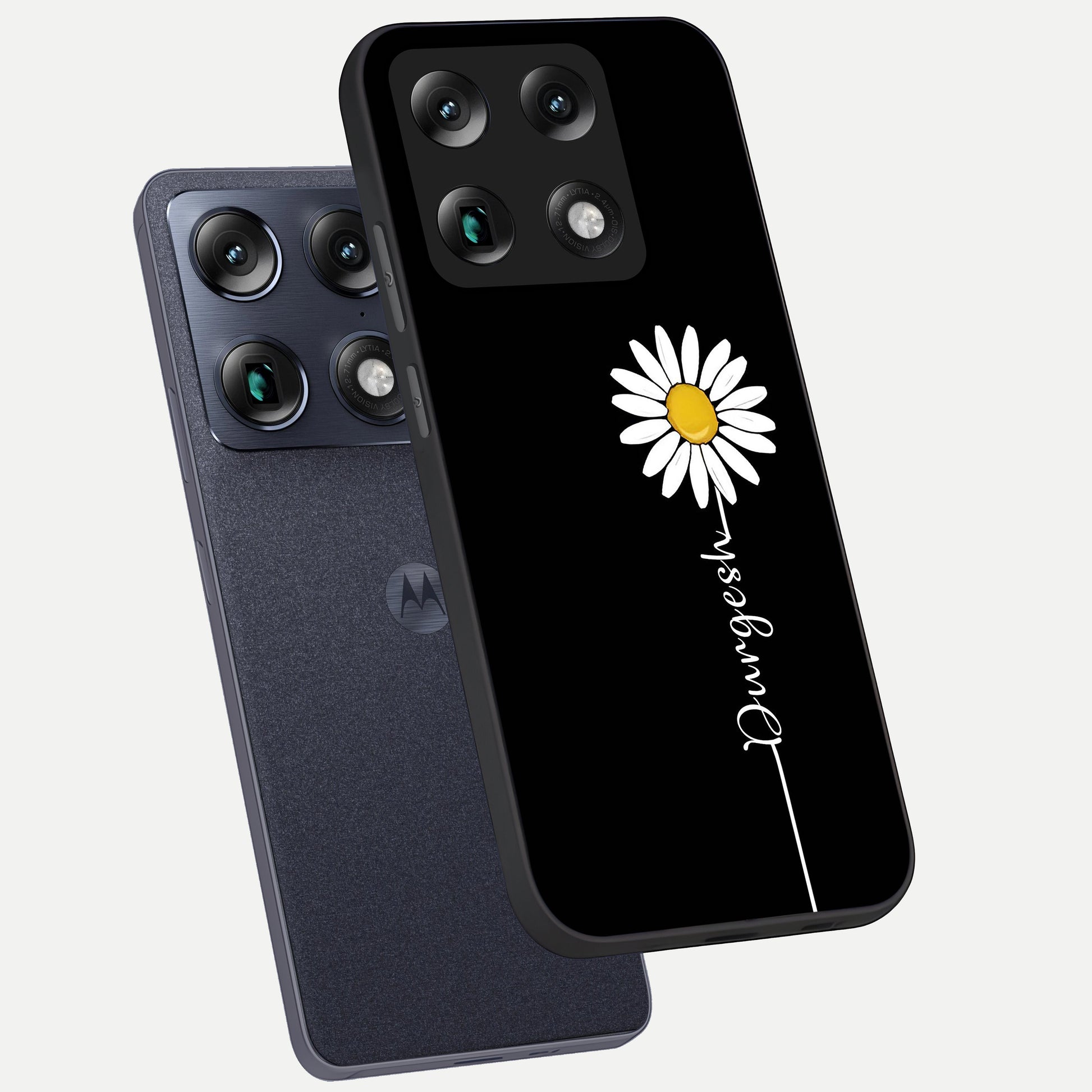  Custom Name White Flower phone case For Moto Signature showing premium glass back cover with detailed artwork