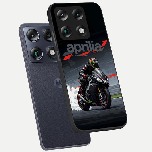  Dark Aprilla phone case For Moto Signature showing premium glass back cover with detailed artwork