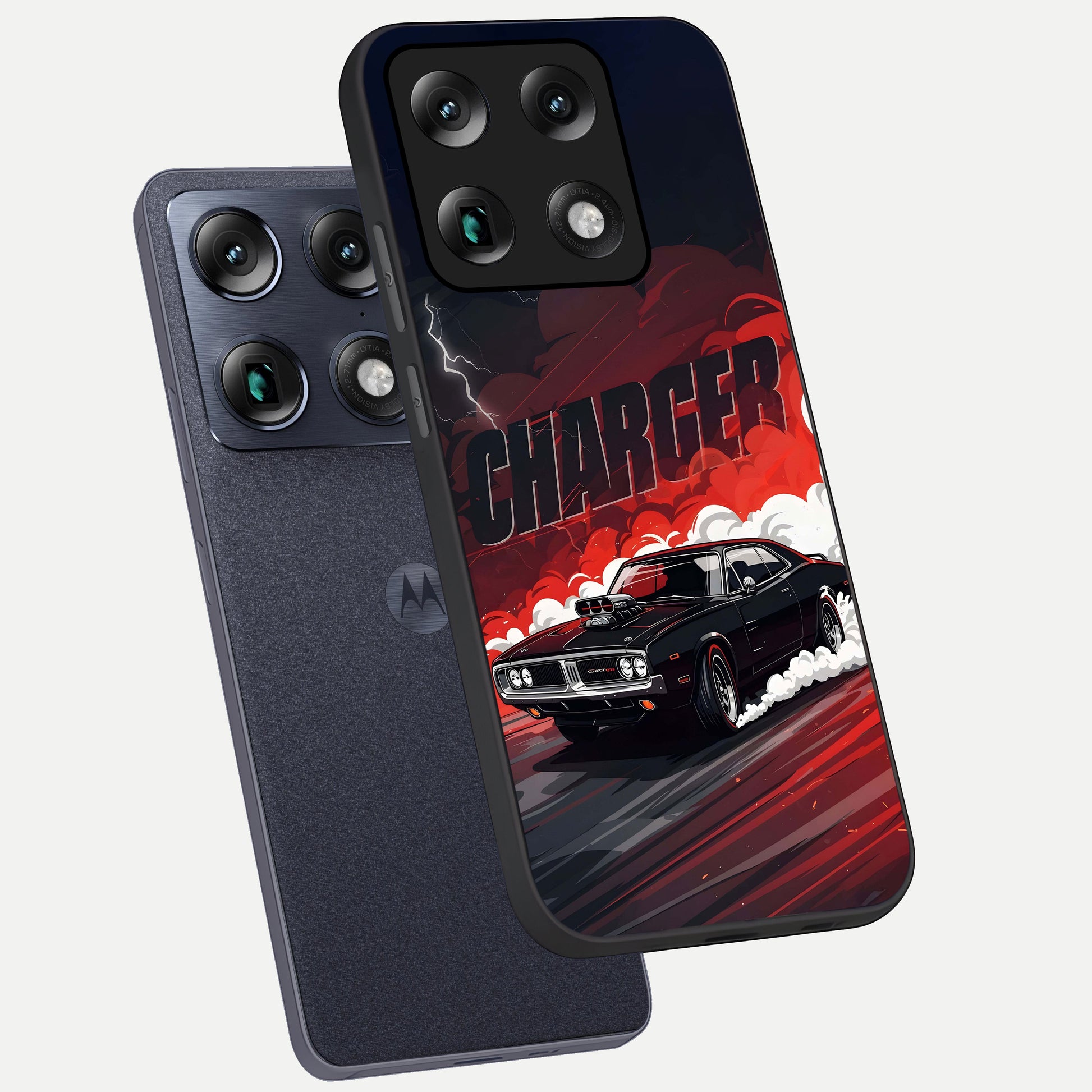  Dark Charger Fury phone case For Moto Signature showing premium glass back cover with detailed artwork