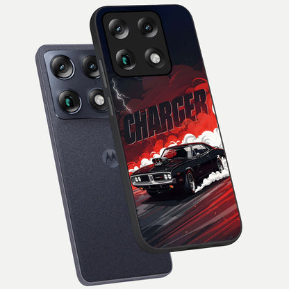  Dark Charger Fury phone case For Moto Signature showing premium glass back cover with detailed artwork