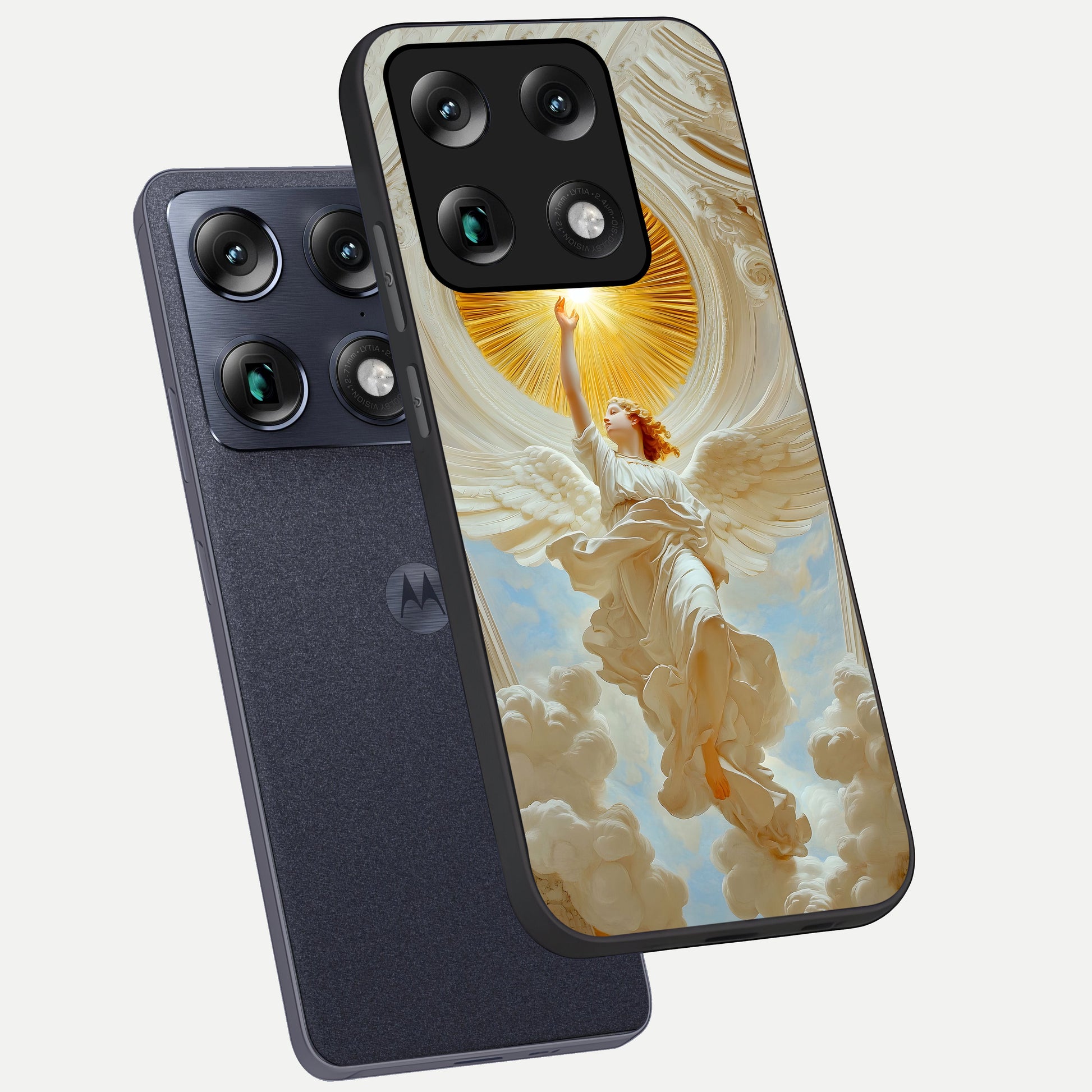  Divine Light Angel phone case For Moto Signature showing premium glass back cover with detailed artwork