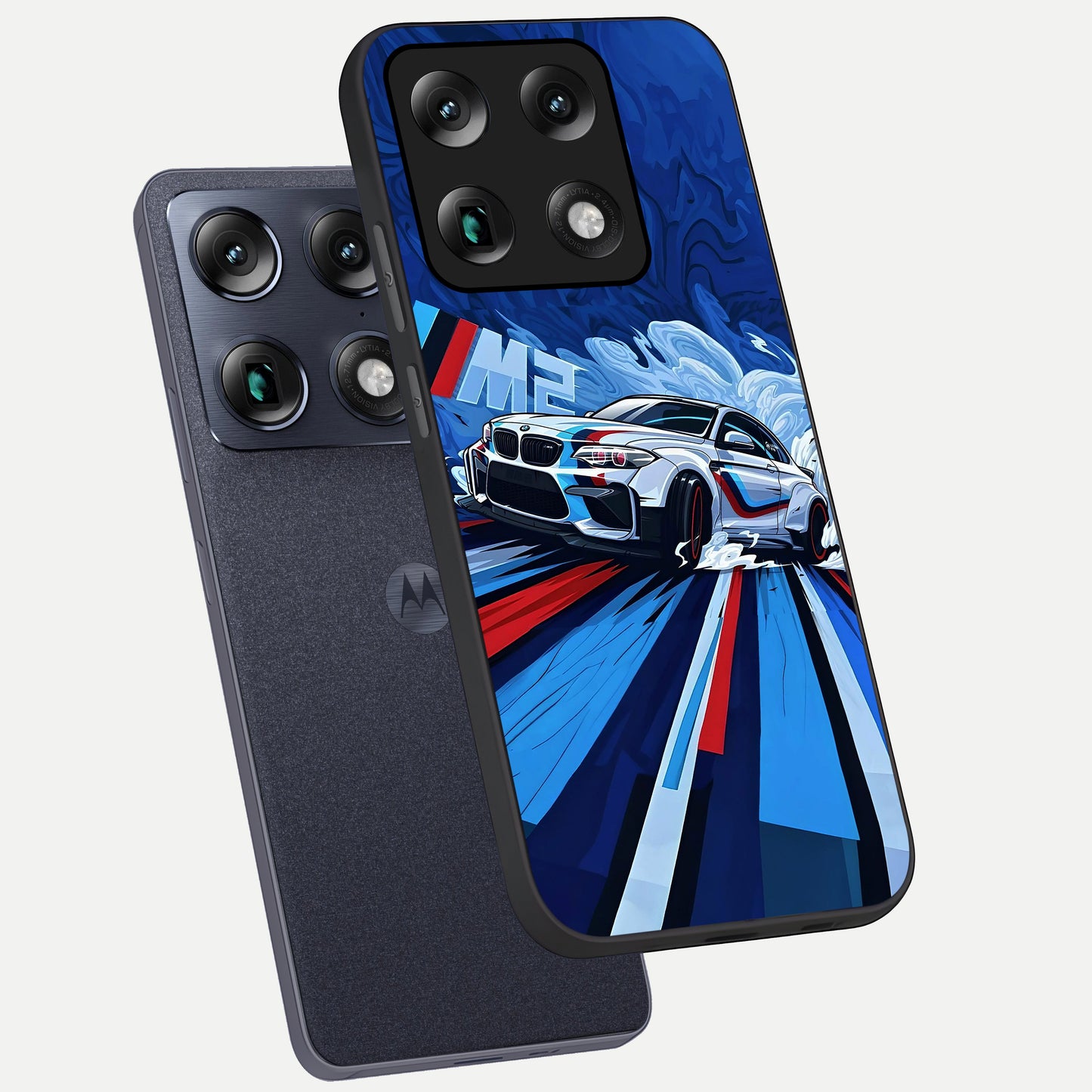  Drift Power Rush phone case For Moto Signature showing premium glass back cover with detailed artwork