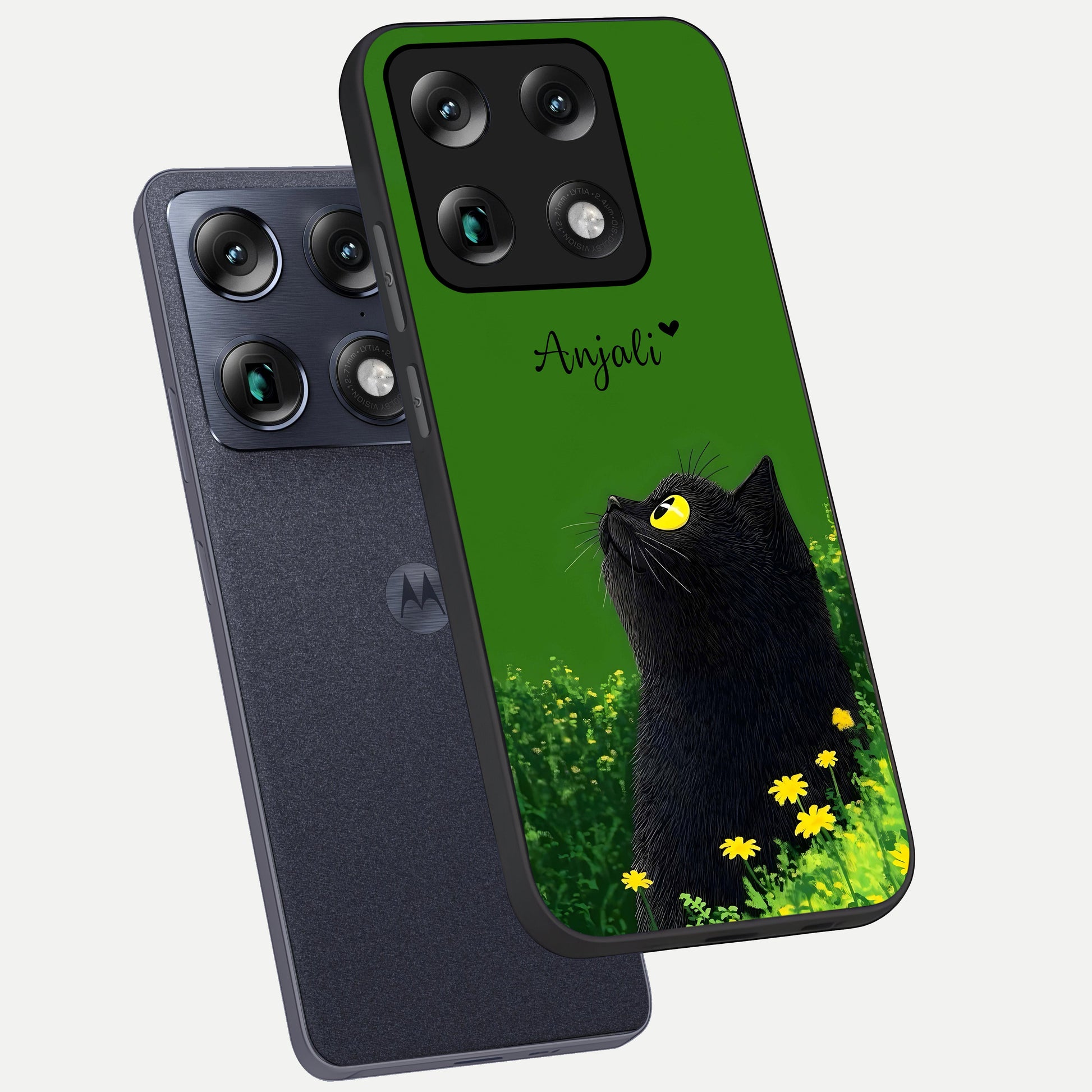  Emerald Cat Custom Name phone case For Moto Signature showing premium glass back cover with detailed artwork