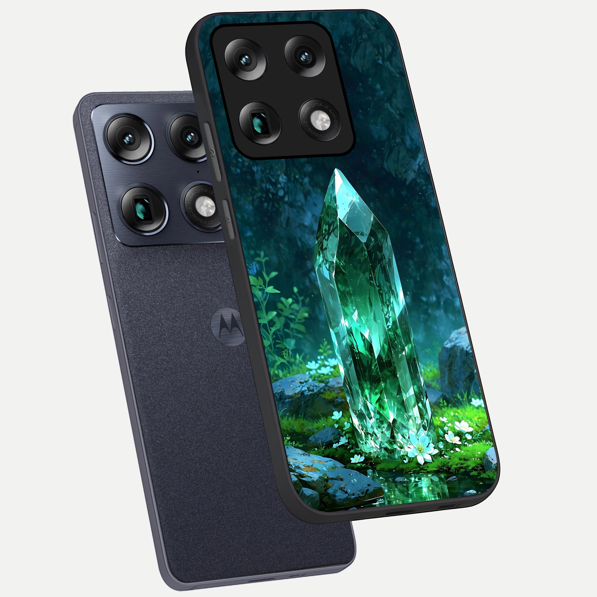  Emerald Light Crystal phone case For Moto Signature showing premium glass back cover with detailed artwork
