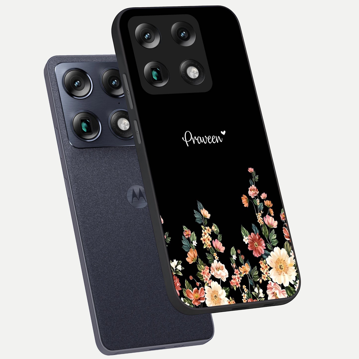  Floral Design Personalized Custom Name phone case For Moto Signature showing premium glass back cover with detailed artwork
