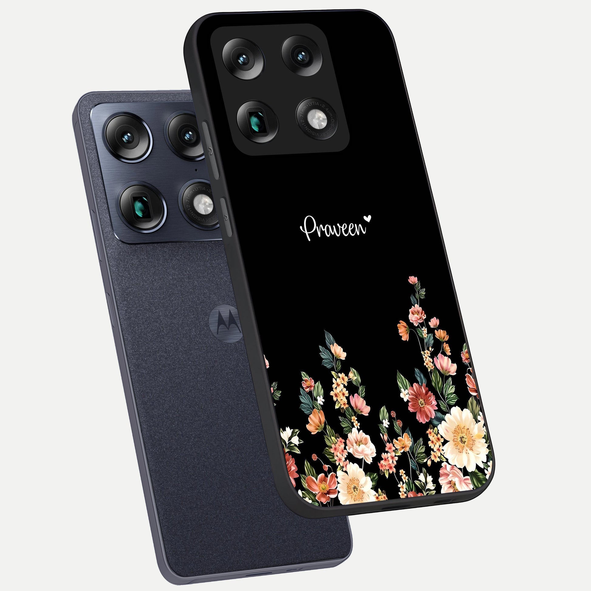  Floral Design Personalized Custom Name phone case For Moto Signature showing premium glass back cover with detailed artwork