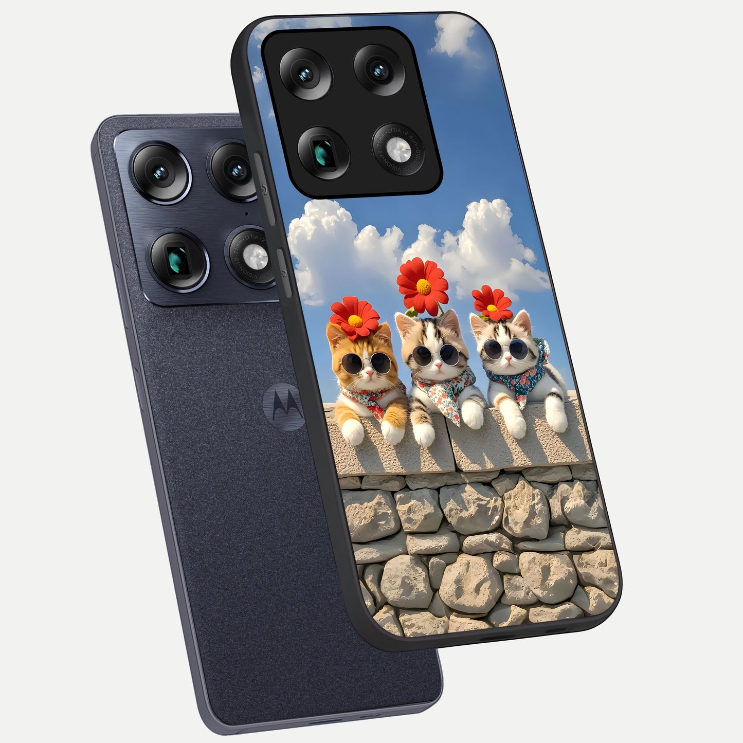  Floral Kitty Squad phone case For Moto Signature showing premium glass back cover with detailed artwork