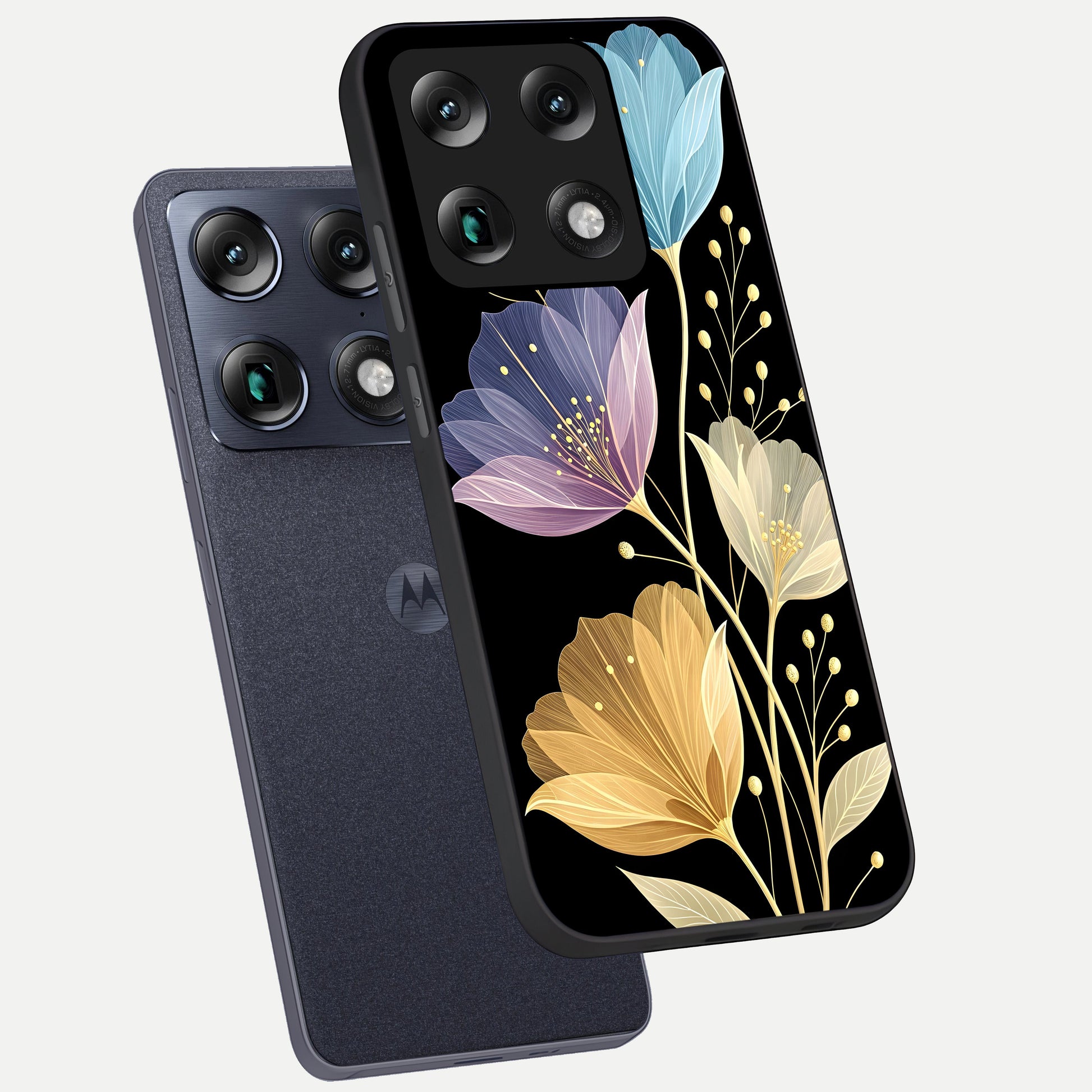  Flower Bloom Glow phone case For Moto Signature showing premium glass back cover with detailed artwork
