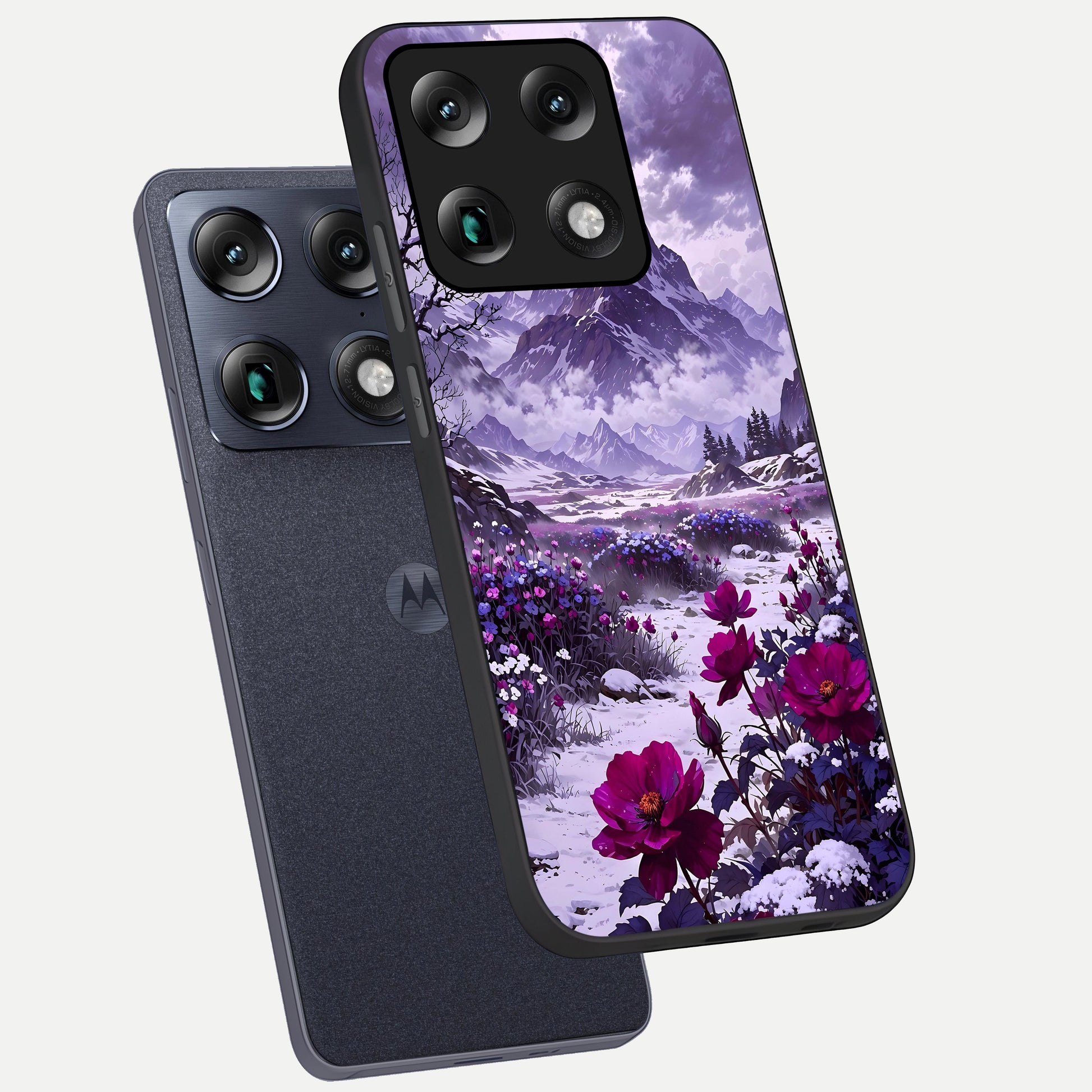  Flower Mountain View phone case For Moto Signature showing premium glass back cover with detailed artwork