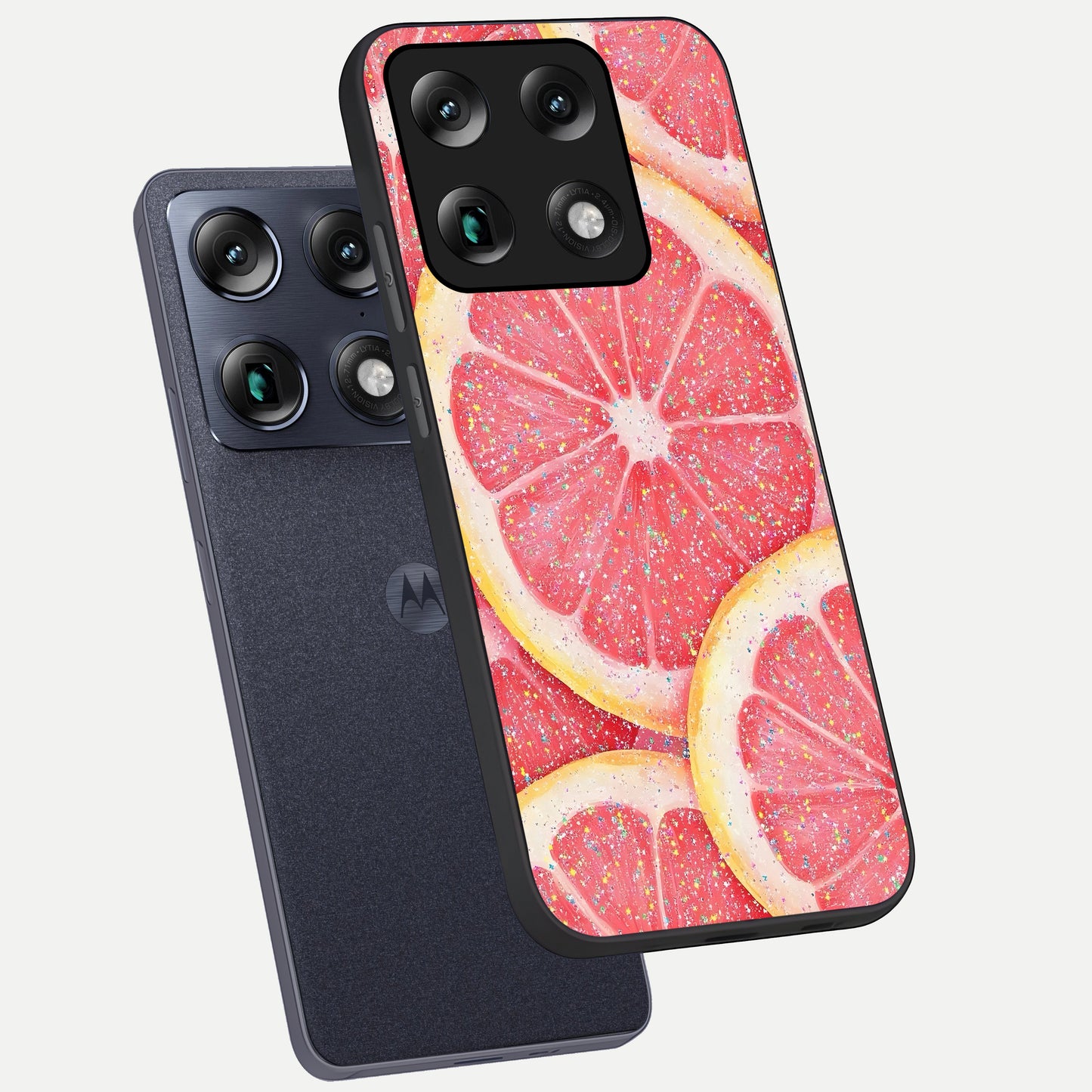  Glitter Grapefruit phone case For Moto Signature showing premium glass back cover with detailed artwork