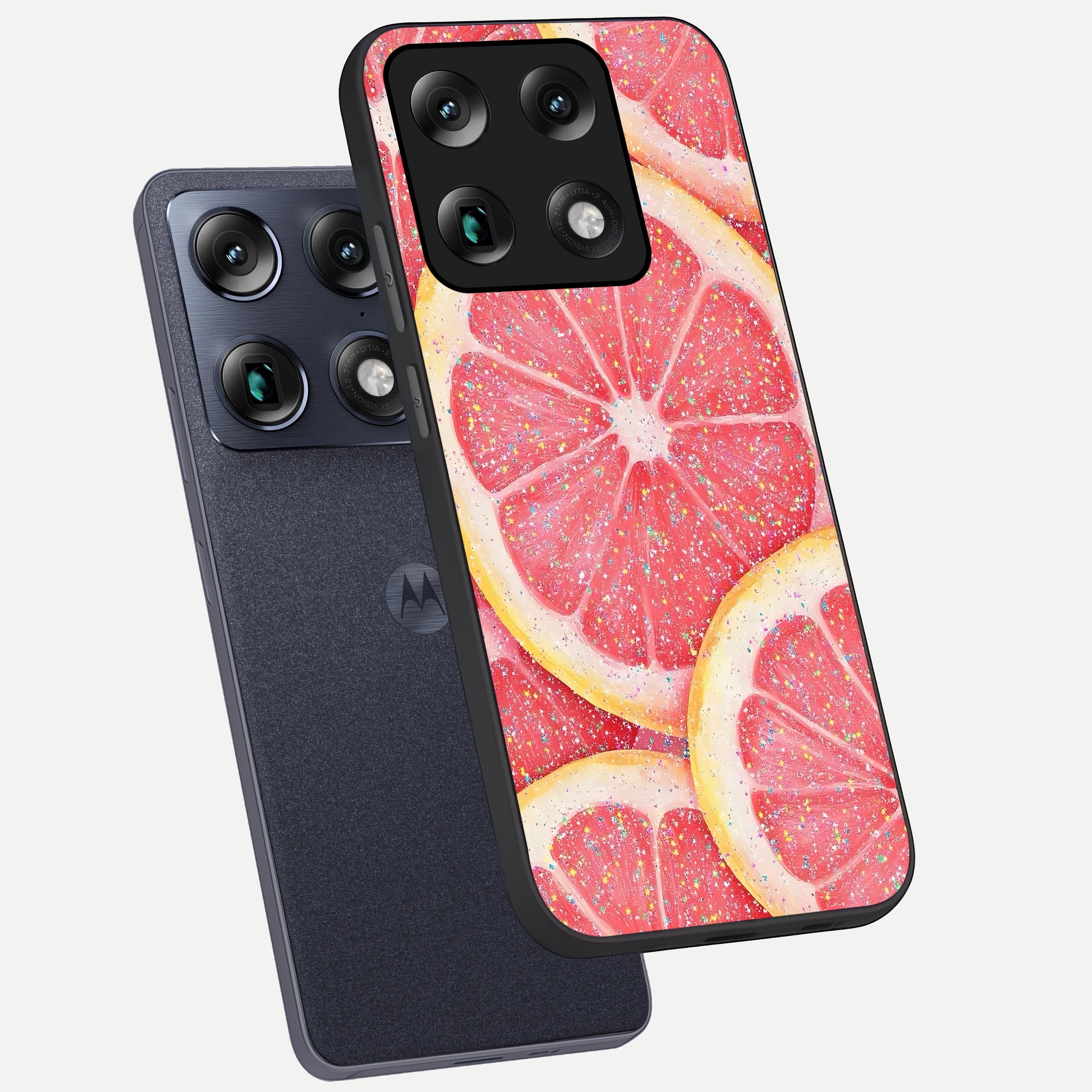  Glitter Grapefruit phone case For Moto Signature showing premium glass back cover with detailed artwork