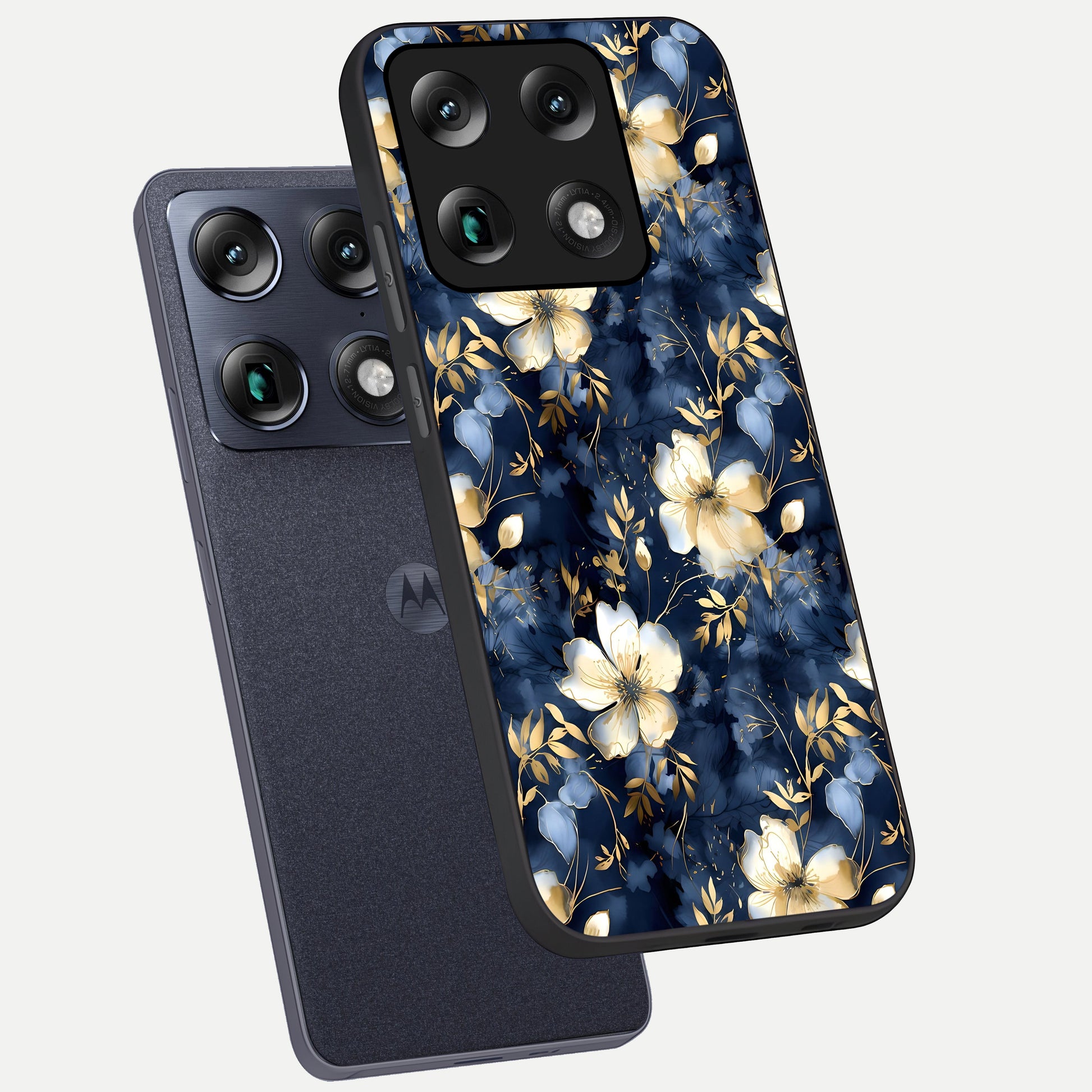  Golden Midnight Bloom phone case For Moto Signature showing premium glass back cover with detailed artwork