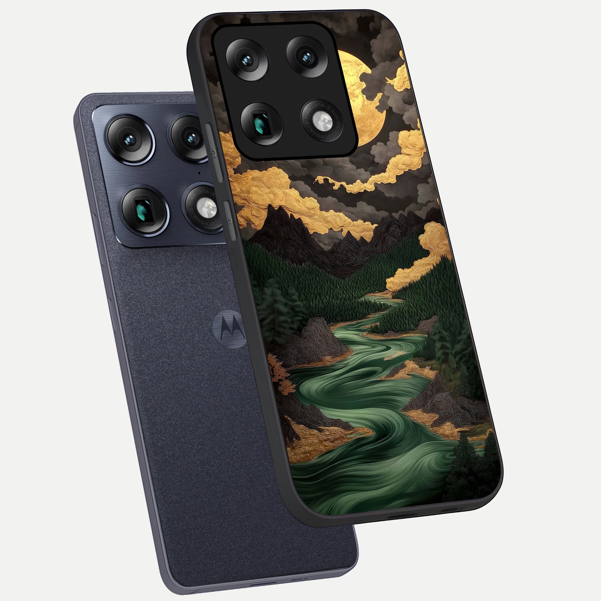  Golden River Moon phone case For Moto Signature showing premium glass back cover with detailed artwork