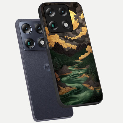  Golden River Moon phone case For Moto Signature showing premium glass back cover with detailed artwork