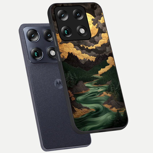  Golden River Moon phone case For Moto Signature showing premium glass back cover with detailed artwork
