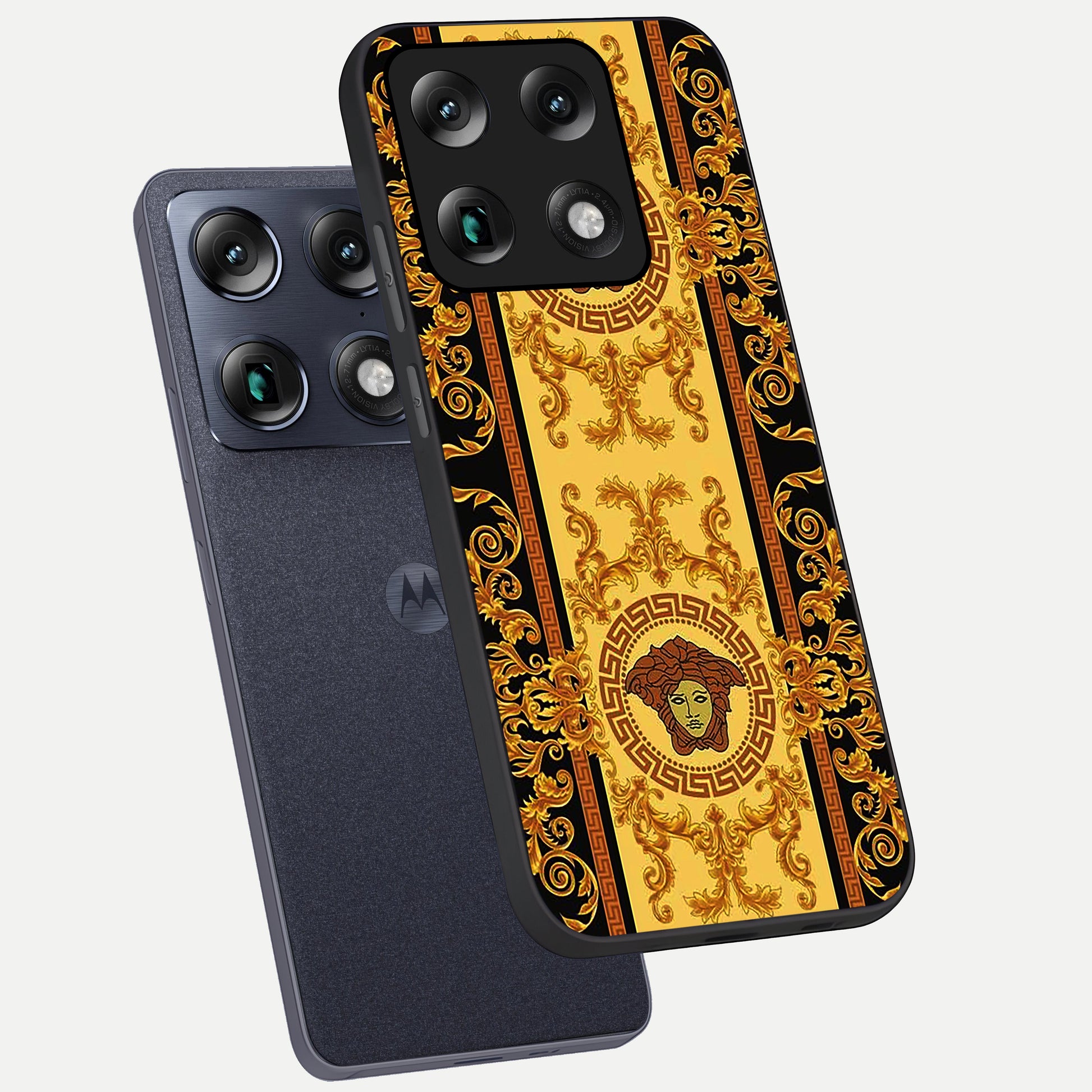  Golden Royal Heritage phone case For Moto Signature showing premium glass back cover with detailed artwork