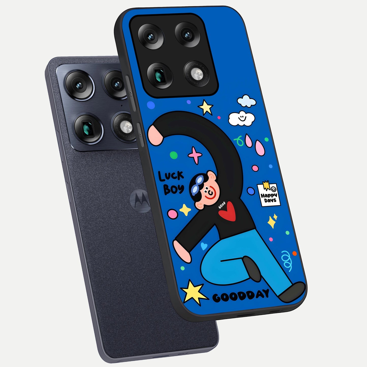  Happy Luck Vibe phone case For Moto Signature showing premium glass back cover with detailed artwork