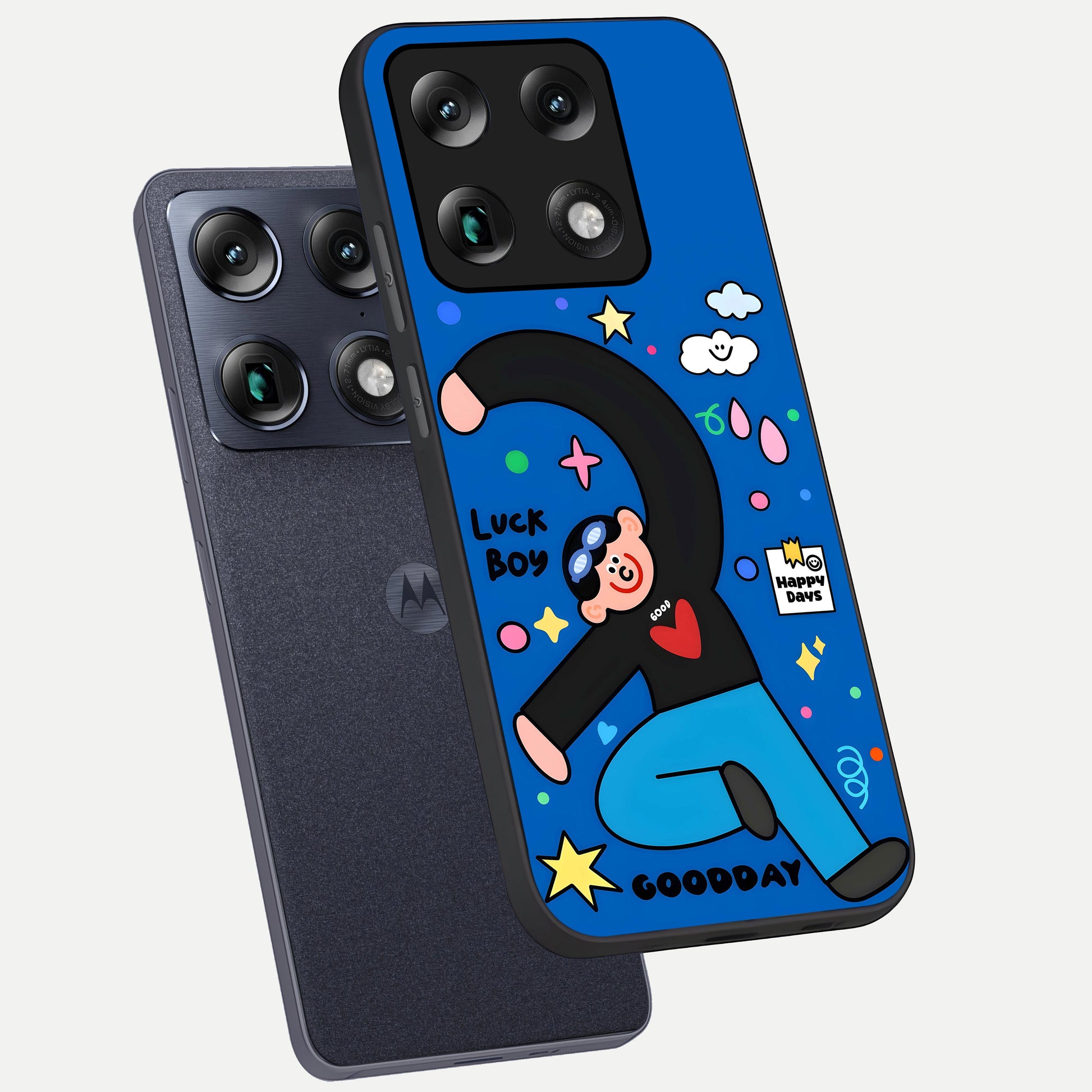  Happy Luck Vibe phone case For Moto Signature showing premium glass back cover with detailed artwork