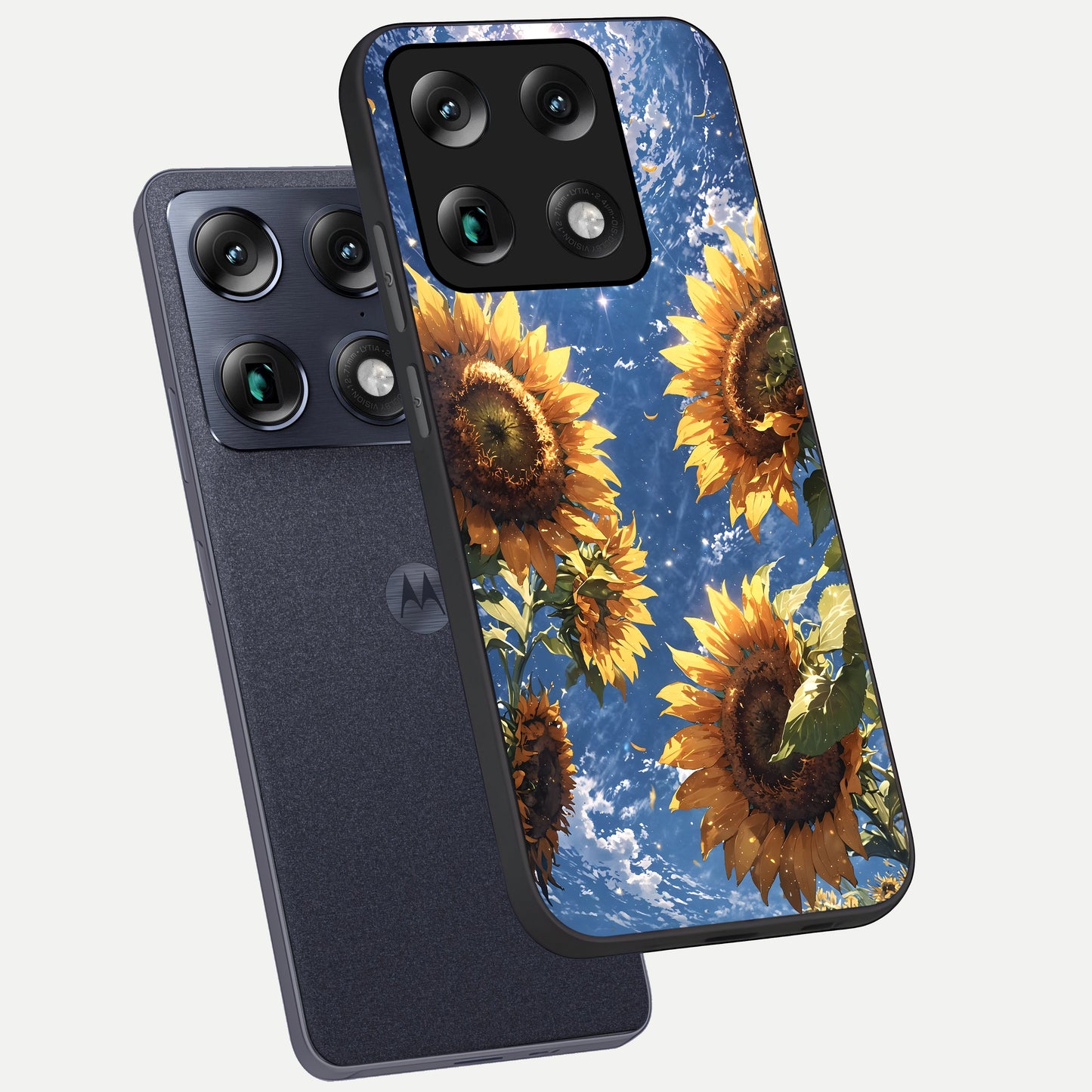  Heavenly Sunflower Rise phone case For Moto Signature showing premium glass back cover with detailed artwork