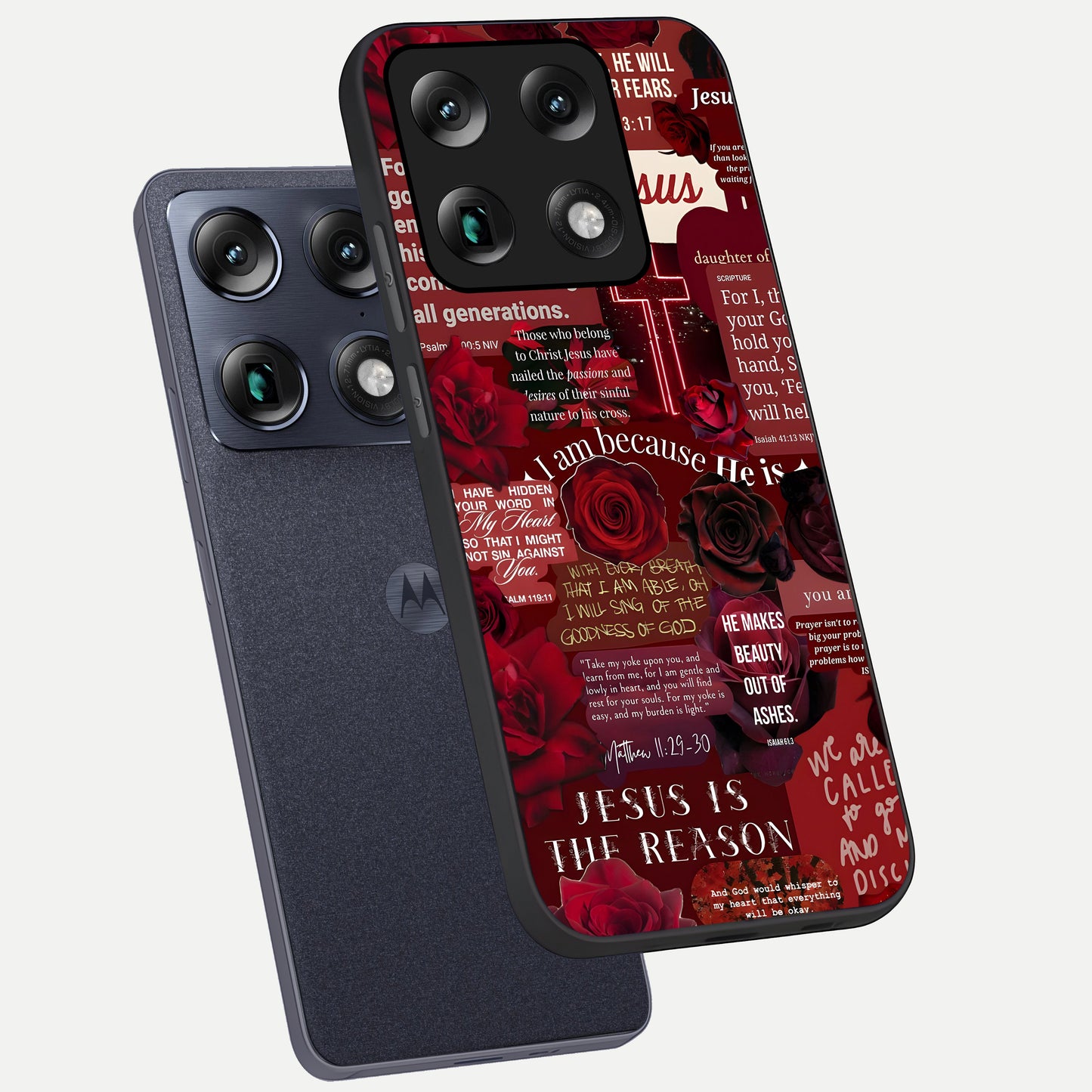  Jesus Love Heals phone case For Moto Signature showing premium glass back cover with detailed artwork