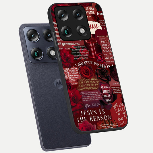  Jesus Love Heals phone case For Moto Signature showing premium glass back cover with detailed artwork