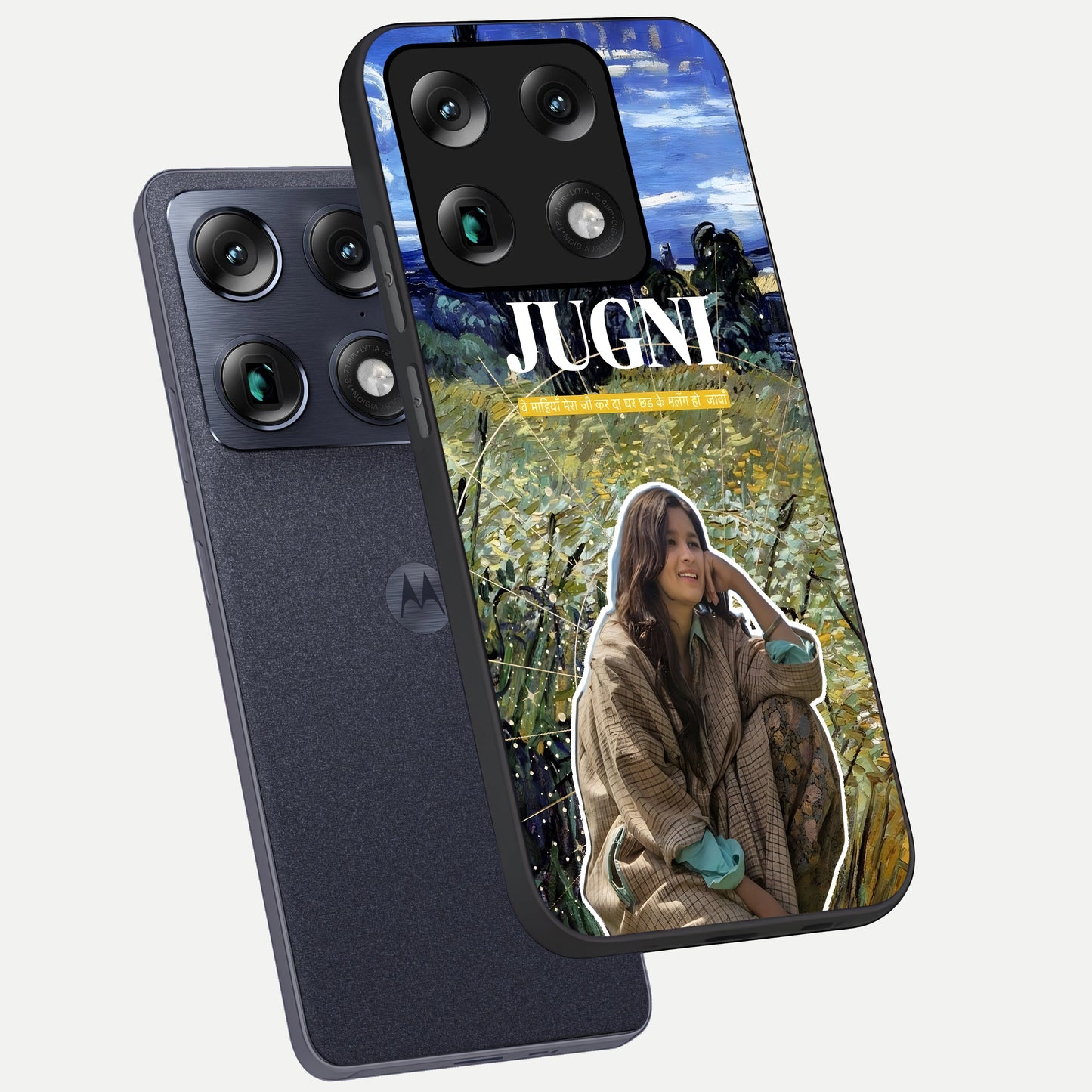  Jugni Soul Vibes phone case For Moto Signature showing premium glass back cover with detailed artwork