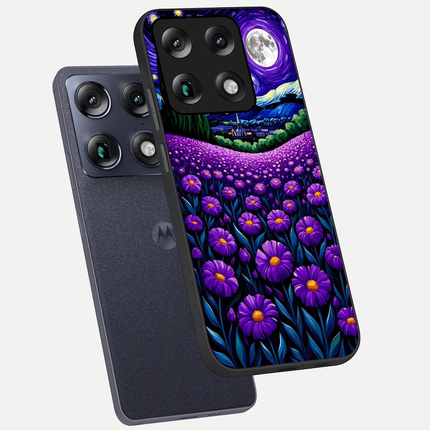  Lavender Moon Field phone case For Moto Signature showing premium glass back cover with detailed artwork