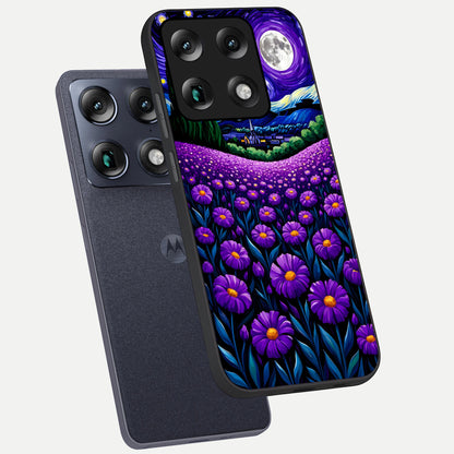  Lavender Moon Field phone case For Moto Signature showing premium glass back cover with detailed artwork