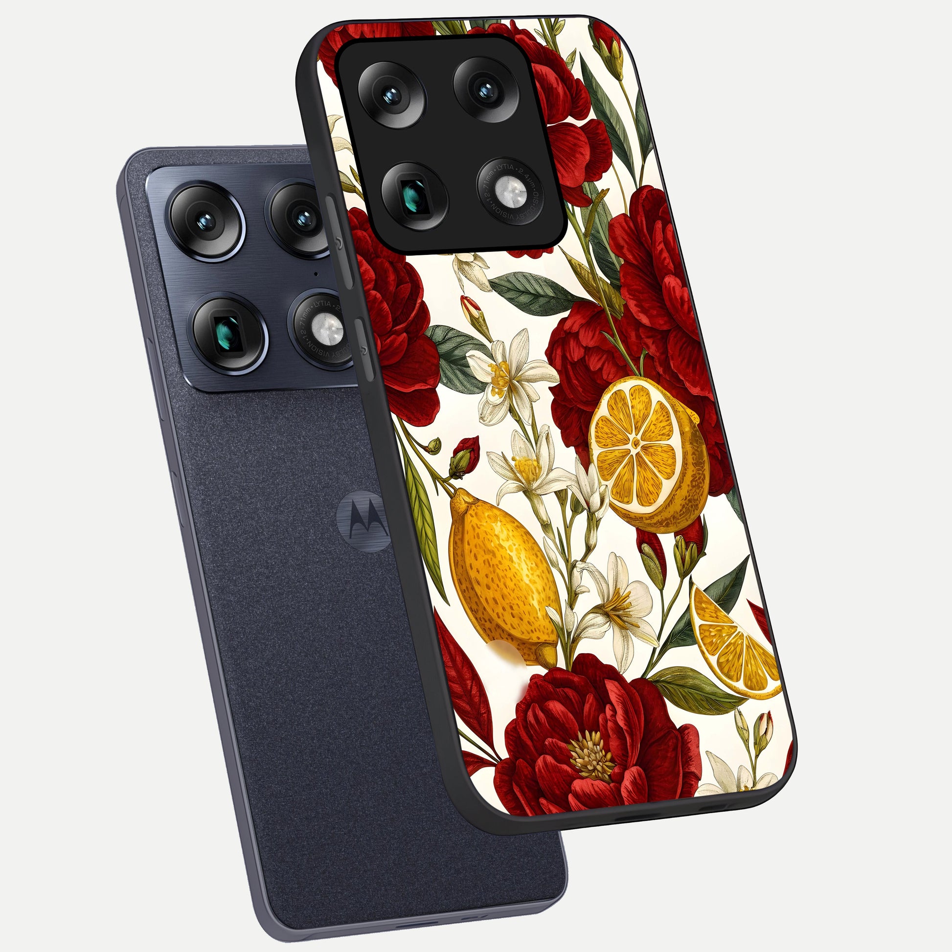  Lemon Rose Charm phone case For Moto Signature showing premium glass back cover with detailed artwork