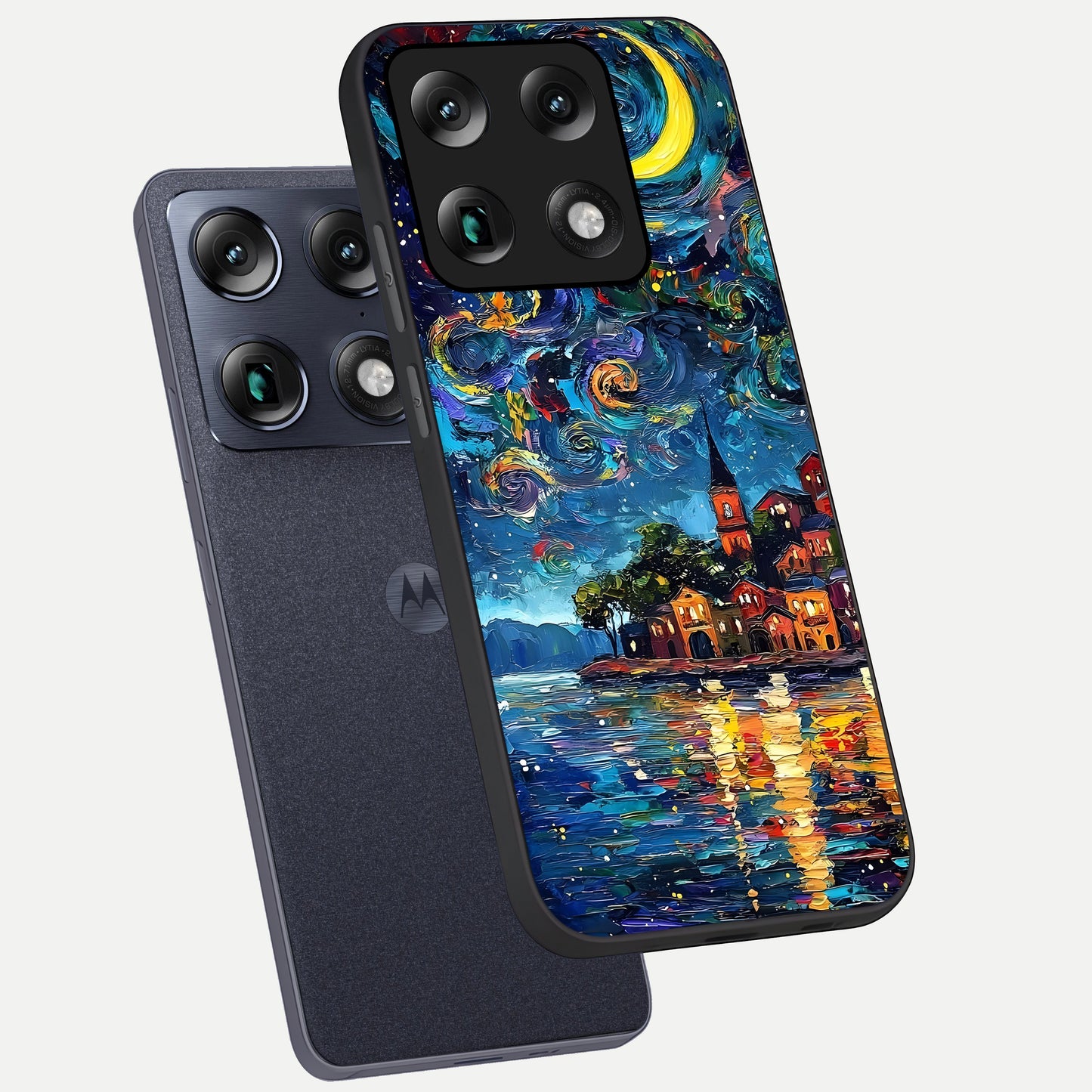  Moonlight Harbor Glow phone case For Moto Signature showing premium glass back cover with detailed artwork