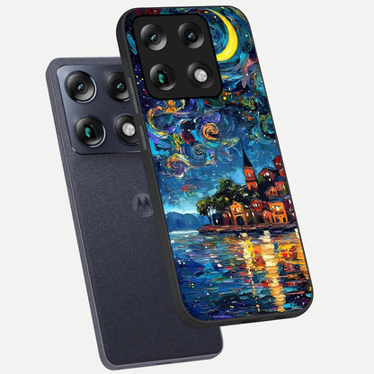  Moonlight Harbor Glow phone case For Moto Signature showing premium glass back cover with detailed artwork