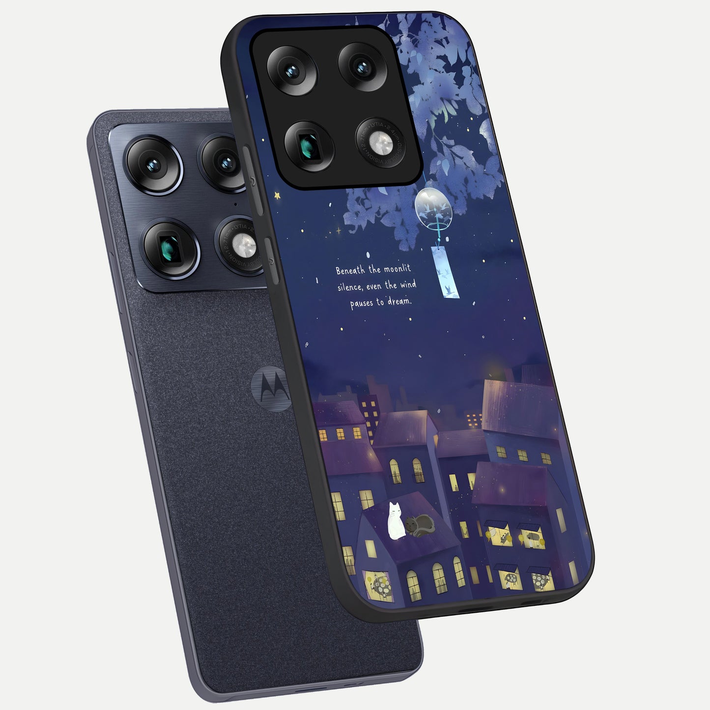  Moonlit Cat Silence phone case For Moto Signature showing premium glass back cover with detailed artwork