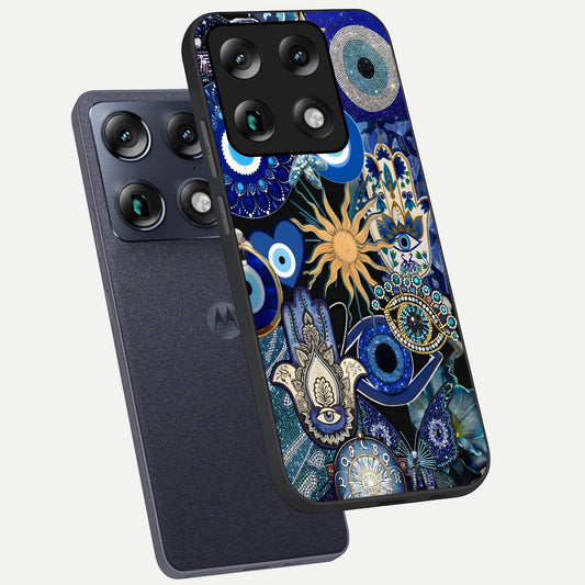  Mystic Blue Evil Eye phone case For Moto Signature showing premium glass back cover with detailed artwork
