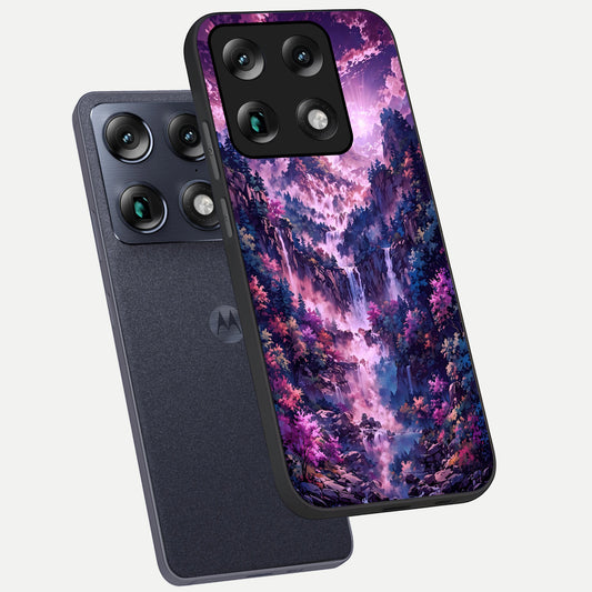  Mystic Cascade Peaks phone case For Moto Signature showing premium glass back cover with detailed artwork