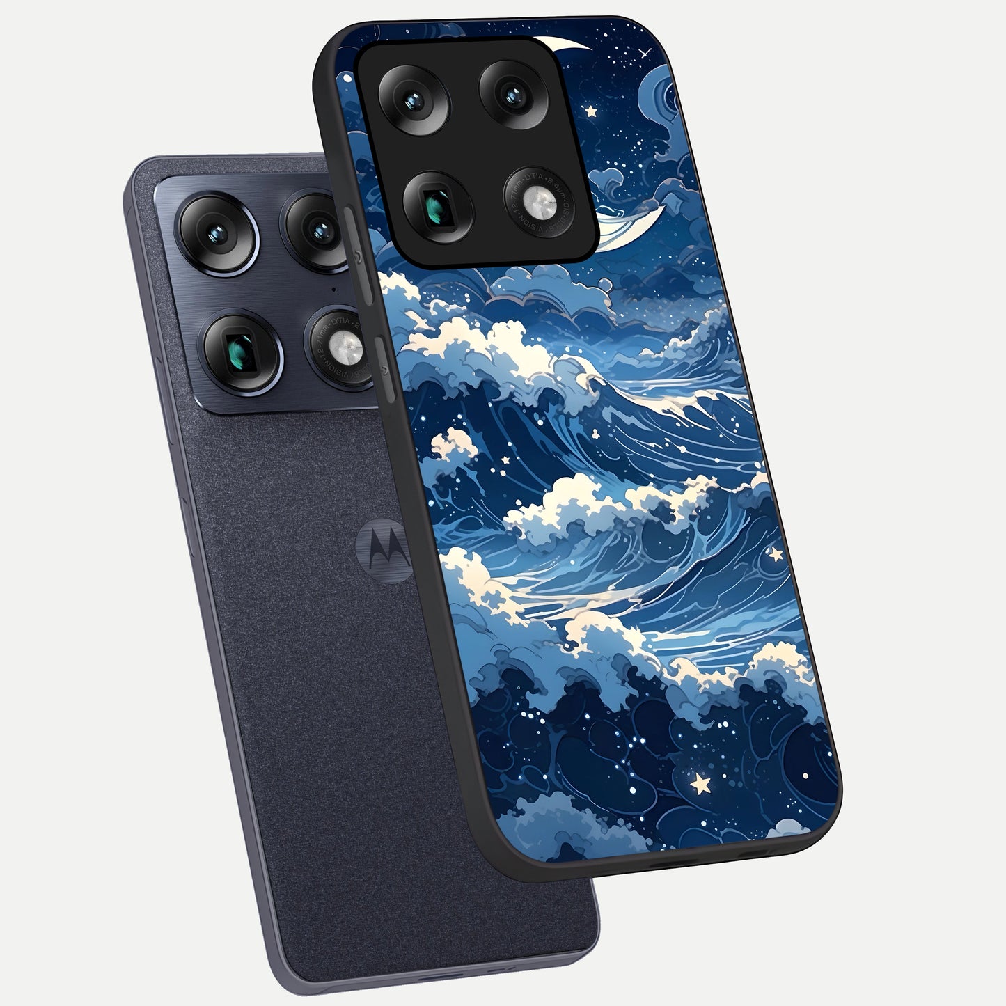  Ocean Moon Waves phone case For Moto Signature showing premium glass back cover with detailed artwork