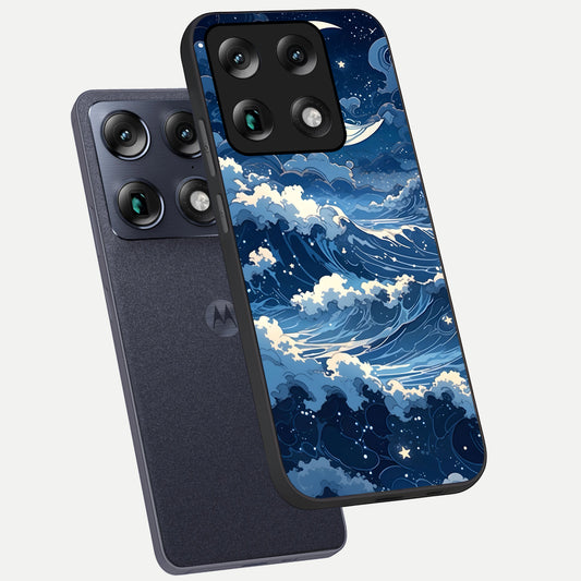  Ocean Moon Waves phone case For Moto Signature showing premium glass back cover with detailed artwork