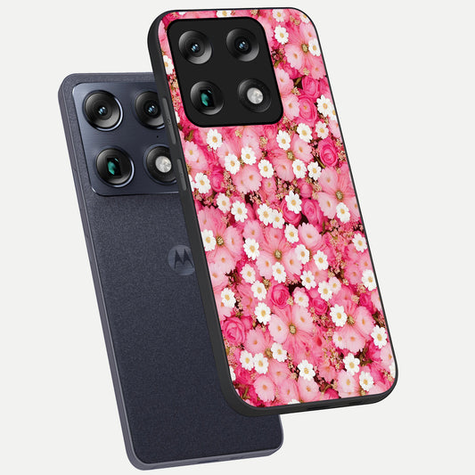  Pink Daisy Bliss phone case For Moto Signature showing premium glass back cover with detailed artwork