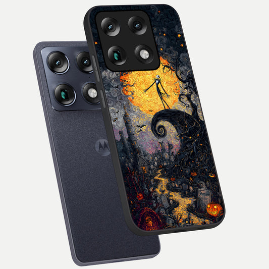  Pumpkin Moon Night phone case For Moto Signature showing premium glass back cover with detailed artwork