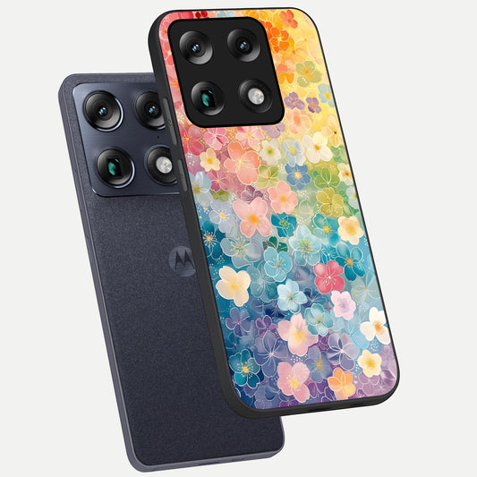  Rainbow Blossom Burst phone case For Moto Signature showing premium glass back cover with detailed artwork