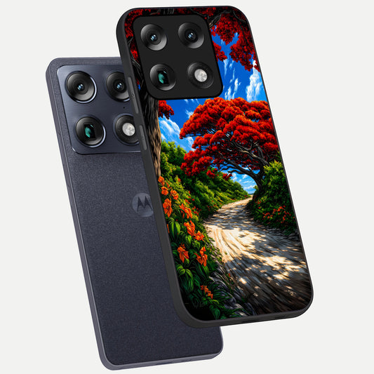  Red Trees Pathway phone case For Moto Signature showing premium glass back cover with detailed artwork