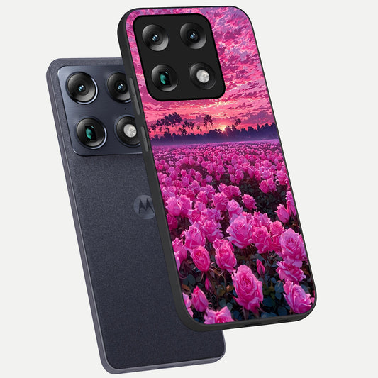  Rose Sunset Valley phone case For Moto Signature showing premium glass back cover with detailed artwork